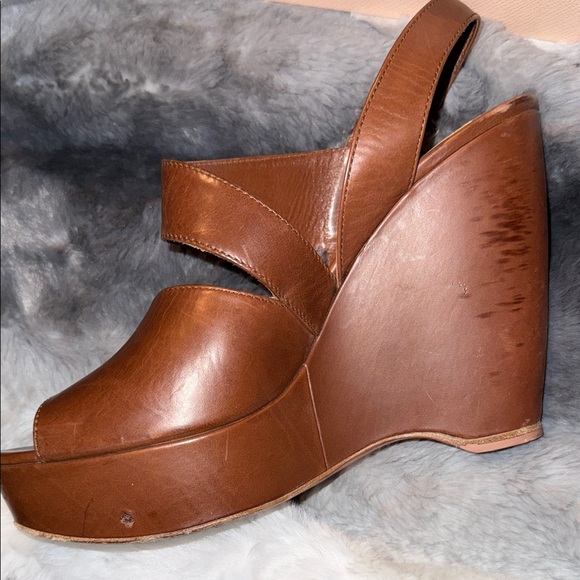 Prada Women's Brown Leather Wedge Sandals w/ Prada Box - Picture 6 of 12